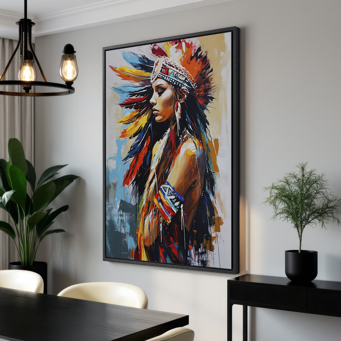 Framed Wall Art featuring a Native American woman in vibrant colors. Modern abstract style with a warm, inviting palette. Perfect for stylish home decor.
