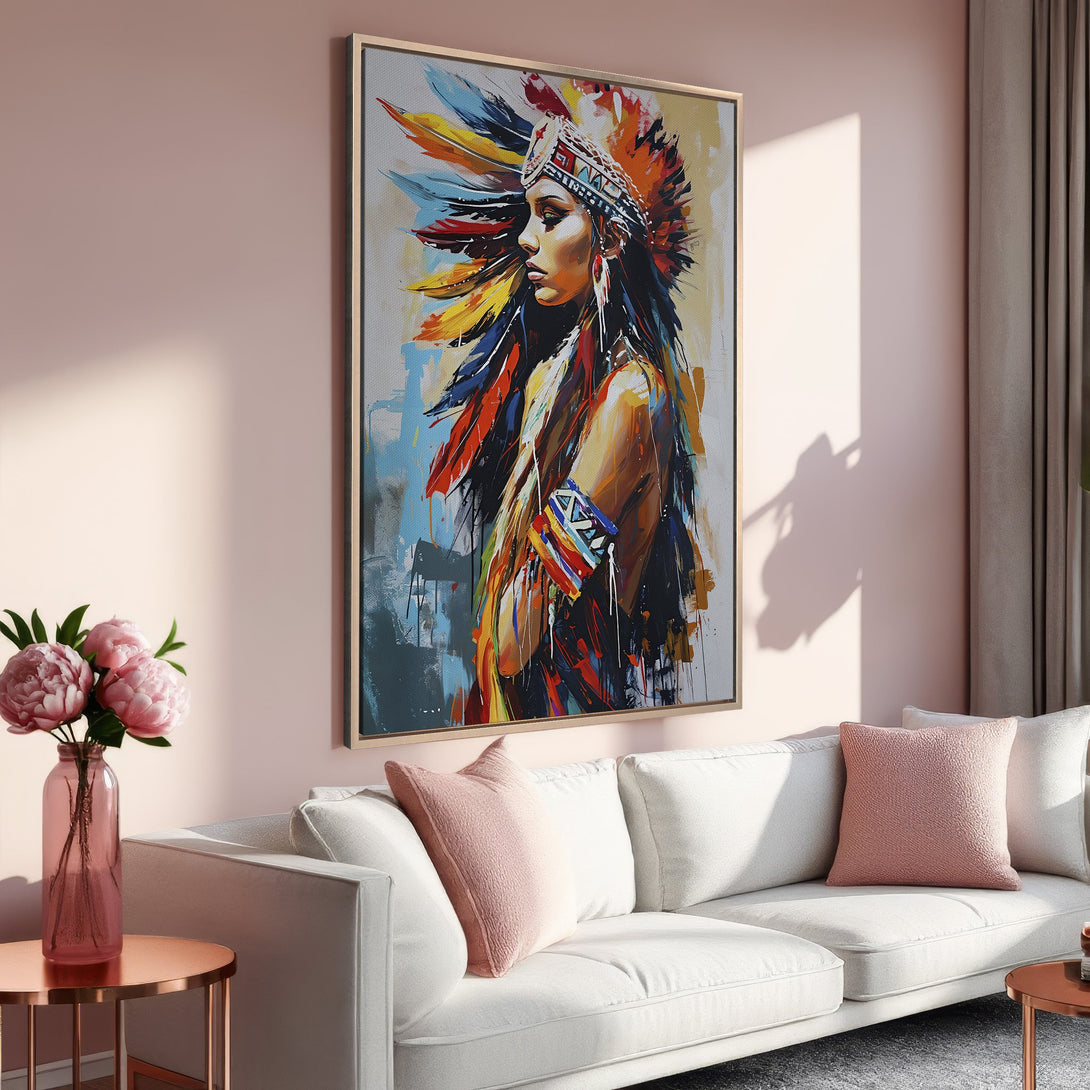 Framed Wall Art: Abstract Native American woman portrait in vibrant colors. Modern decor with a warm, inviting color palette. Perfect for living rooms.
