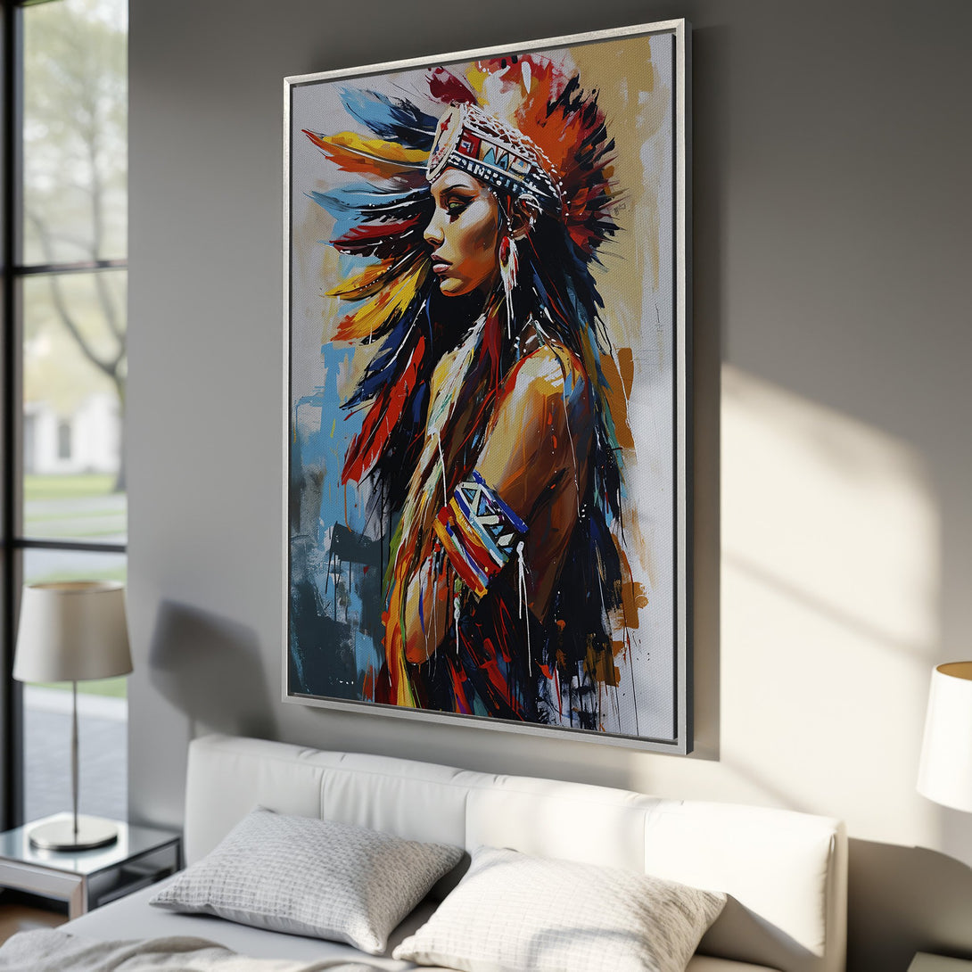 Framed Wall Art: Stunning Native American woman portrait in vibrant, abstract style. Features a colorful palette of reds, blues, and yellows. Perfect for modern decor.