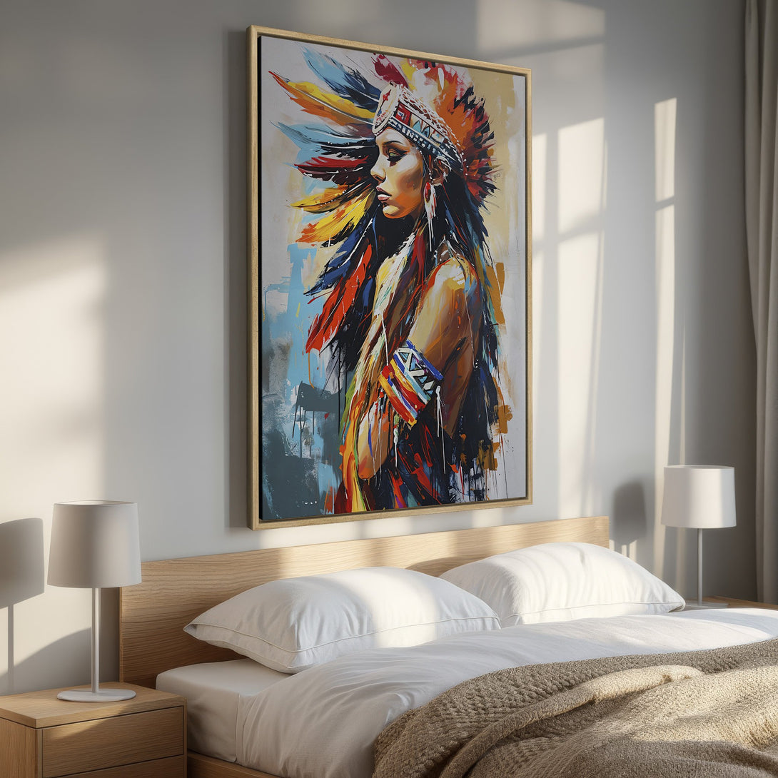 Framed Wall Art: Stunning Native American portrait canvas print in vibrant colors. Adds a touch of artistry and culture to any space. Perfect bedroom decor.
