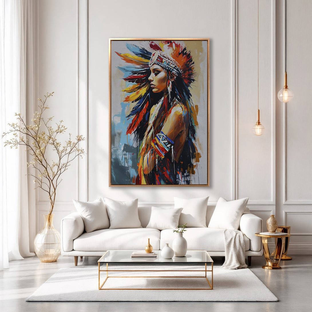 Framed Wall Art: Native American woman portrait in vibrant colors. Modern abstract style Canvas Print with gold frame, perfect for living room decor.
