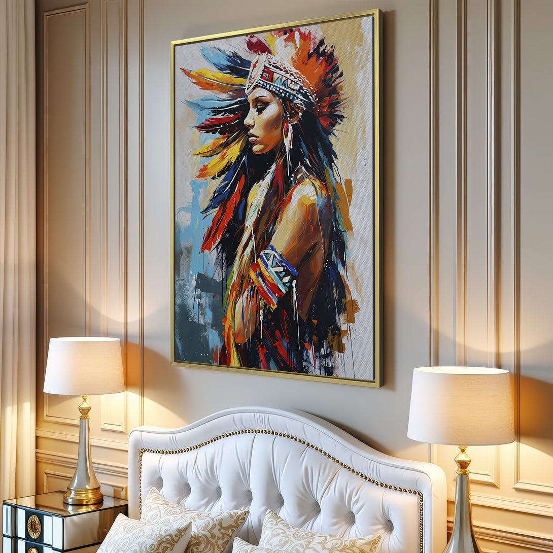 Canvas Print featuring a Native American woman in vibrant, abstract style. Colorful palette of reds, blues, and yellows adds artistic flair to any room.