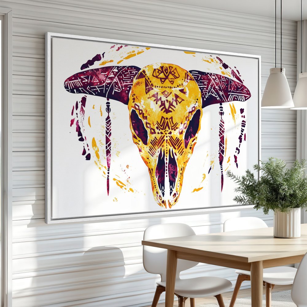 Framed Wall Art: Watercolor skull print in boho style. Features a vibrant yellow and purple color palette, perfect for adding art to your home.