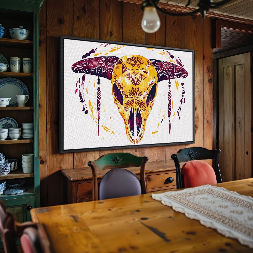 Framed Wall Art: Watercolor bull skull in yellow and purple tones. Boho style canvas print adds rustic charm to any room.