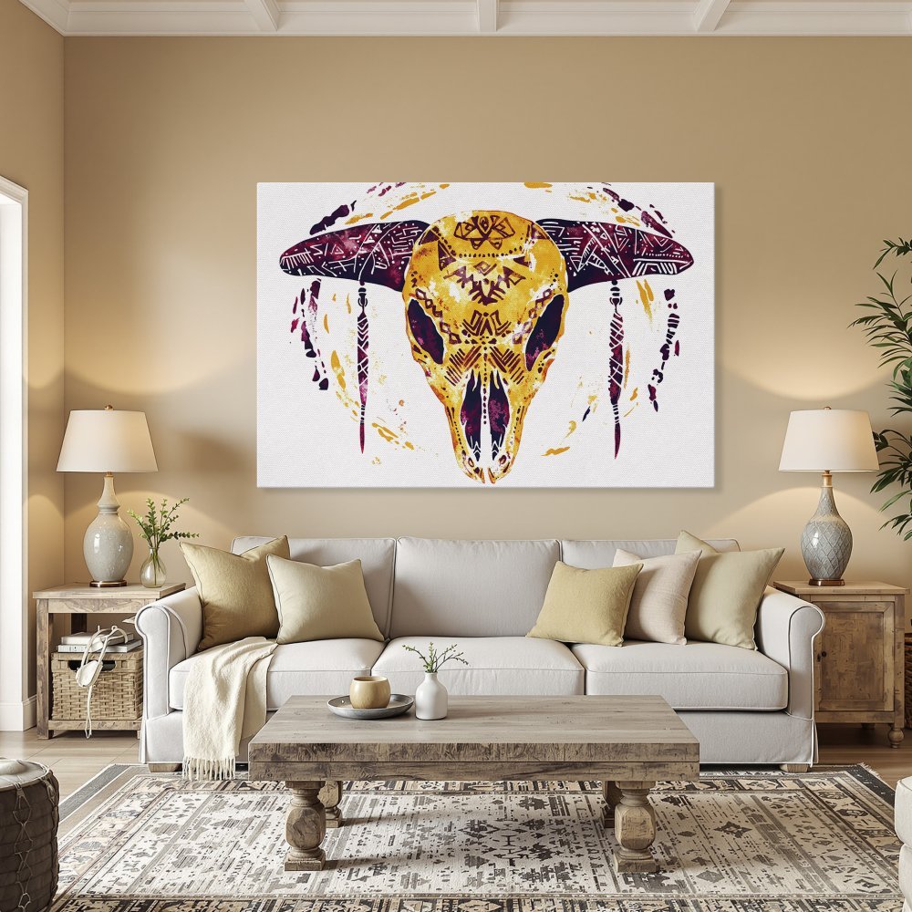 Framed Wall Art: Watercolor bull skull canvas print in warm yellow and burgundy tones. Boho style decor for your home.