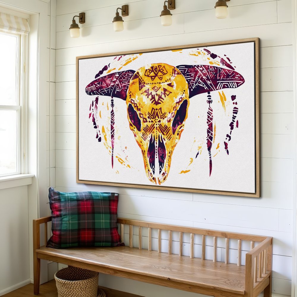 Canvas Print of a watercolor tribal skull in yellow and purple. Boho wall art for a stylish home.