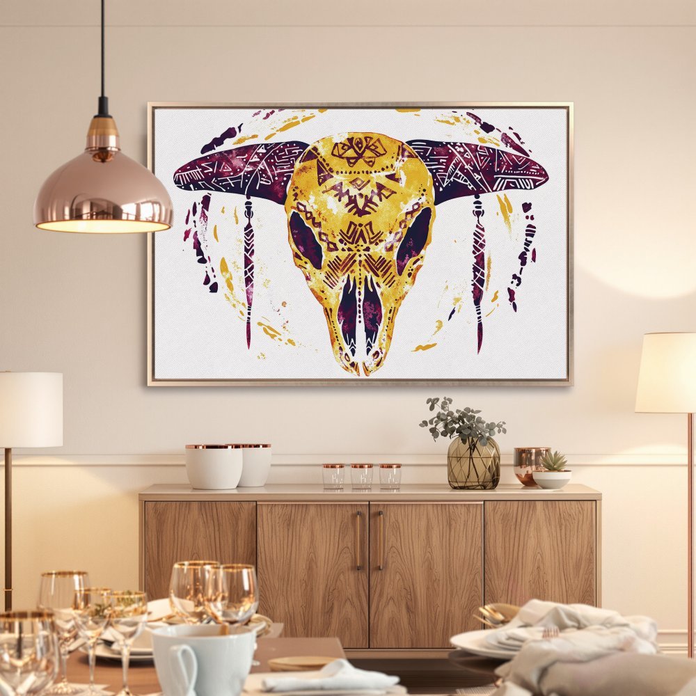 Framed Wall Art: Watercolor bull skull in yellow and purple. Boho style canvas print adds a unique touch to any interior. Shop now for statement wall decor!