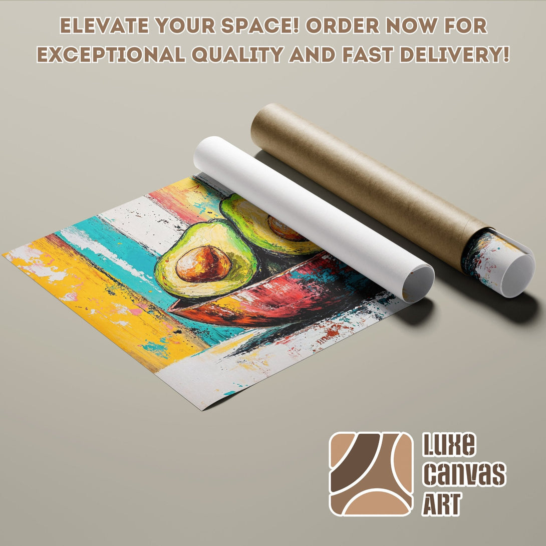 Avocado art poster roll, vibrant abstract style, colorful palette. Elevate your space!