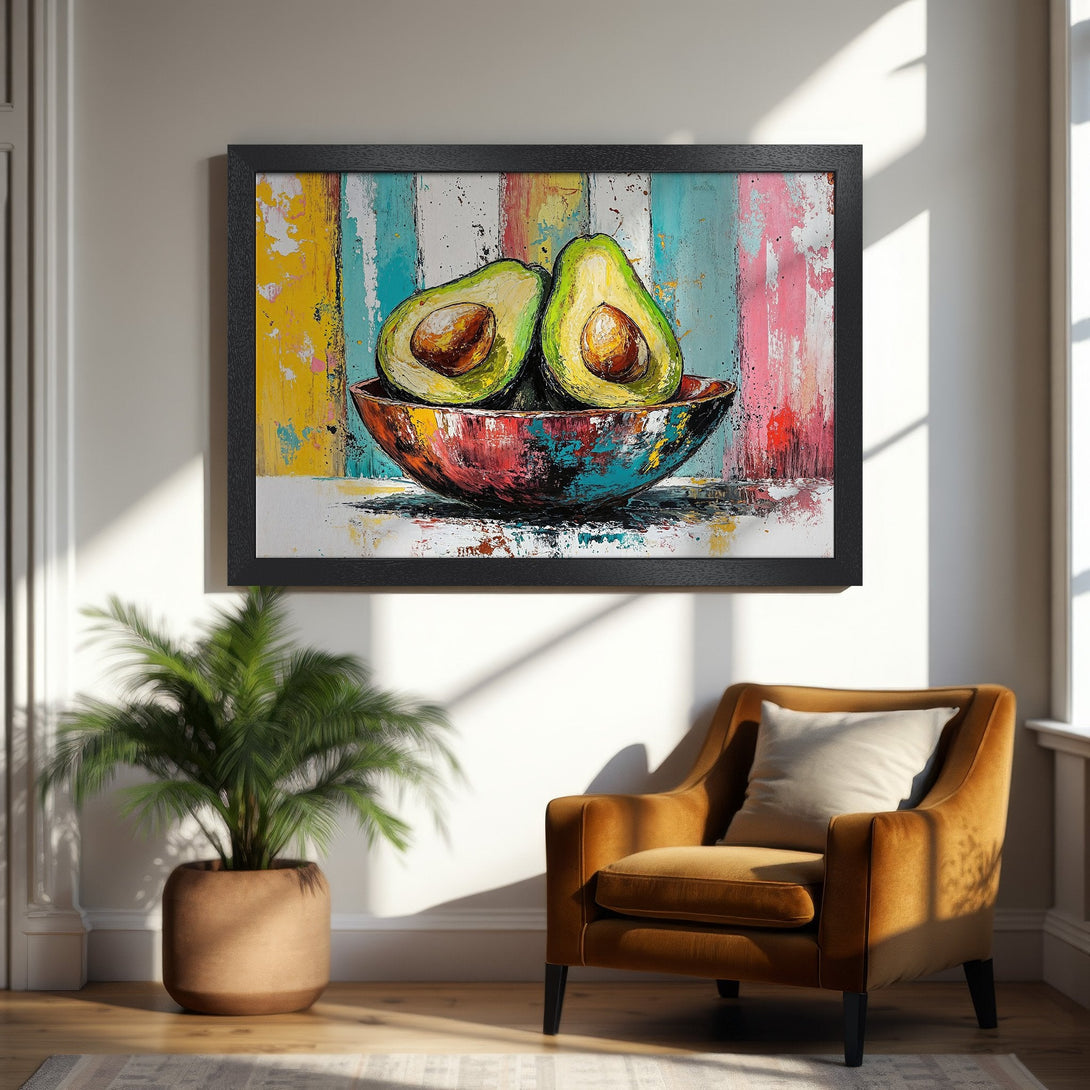 Framed Poster of avocados in a bowl. Abstract, colorful painting with a vibrant palette of yellows, blues, and reds. Perfect wall art!