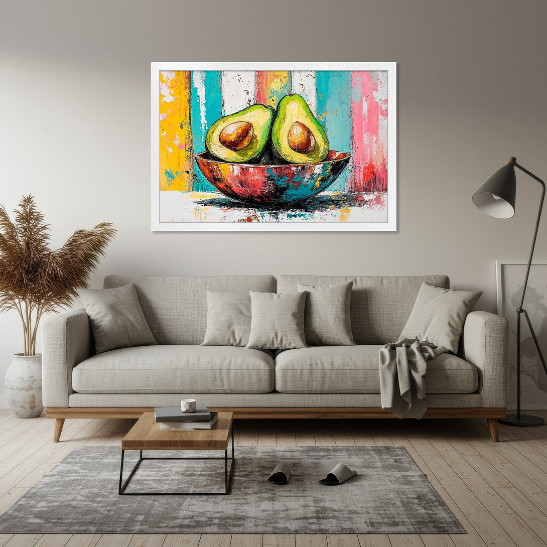 Framed Poster featuring a vibrant, abstract avocado painting with a colorful palette. Perfect wall art for a modern home.