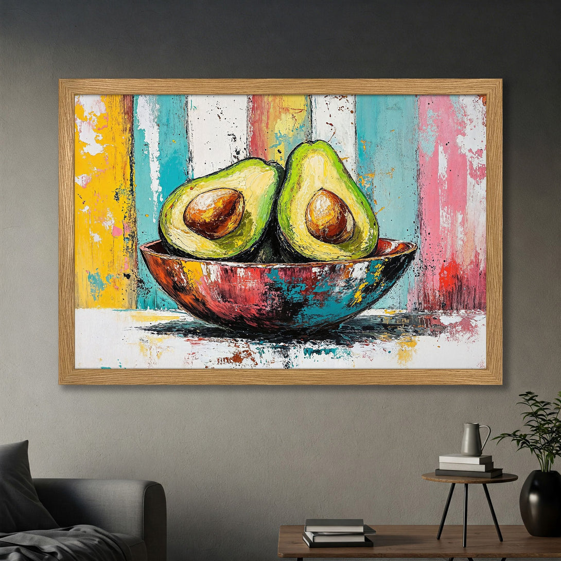Framed Poster featuring vibrant avocado art in a colorful, abstract style. Perfect kitchen decor!