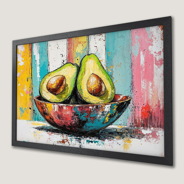 Framed Poster of avocados in a bowl. Vibrant, colorful abstract art with a textured style. Perfect kitchen decor!