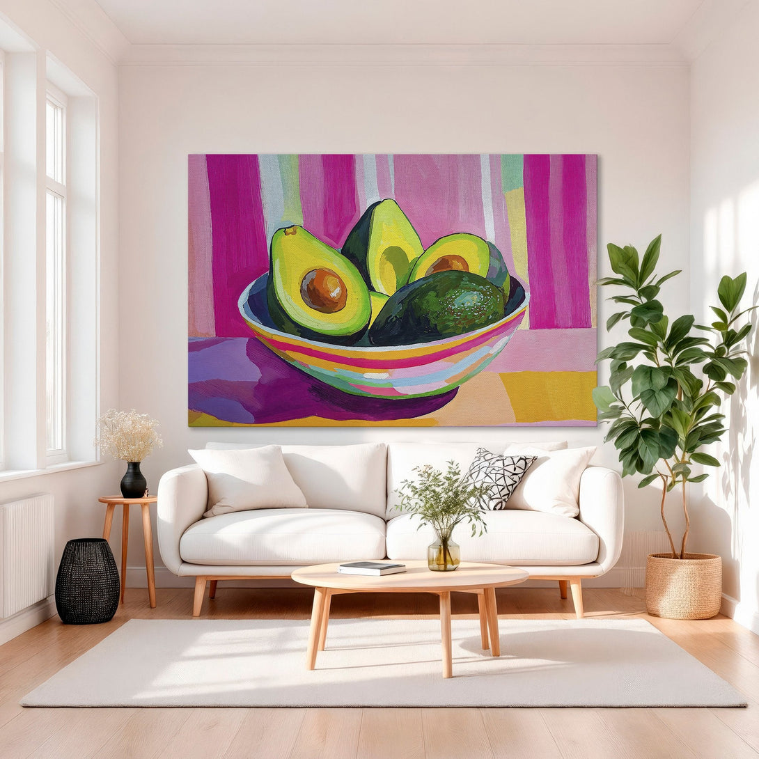 Framed Wall Art: Vibrant avocado still life in a modern, colorful style. Perfect pop of color for your home decor!
