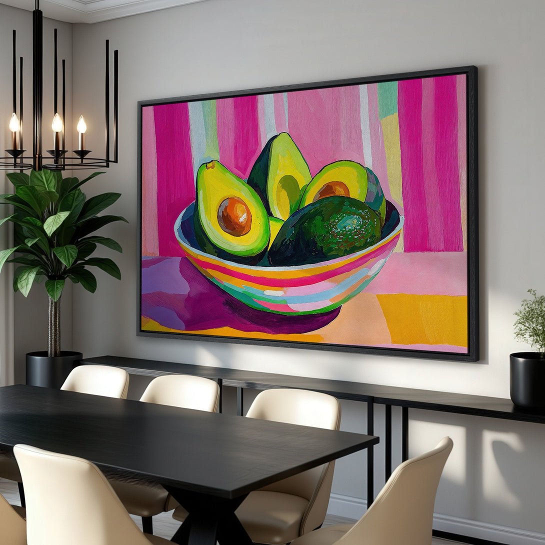 Framed Wall Art: Vibrant avocado still life painting in a modern style with a bold pink, green, and yellow color palette. Perfect for kitchen or dining room decor.