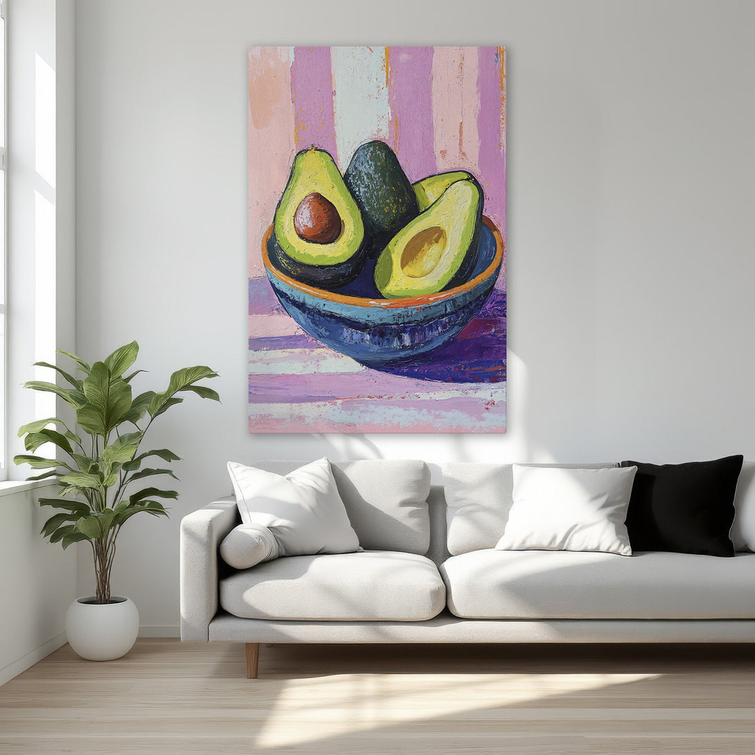Framed Wall Art featuring a vibrant avocado still life painting in a modern, impressionistic style. Colorful palette of pinks, greens, and blues.