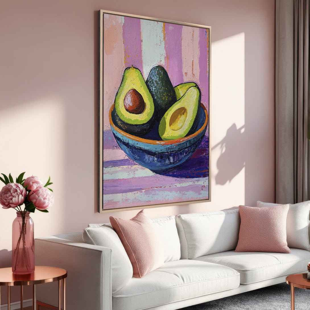 Framed Wall Art: Vibrant avocado painting in a modern style, featuring a colorful palette of pink, green, and blue, perfect for kitchen or dining decor.