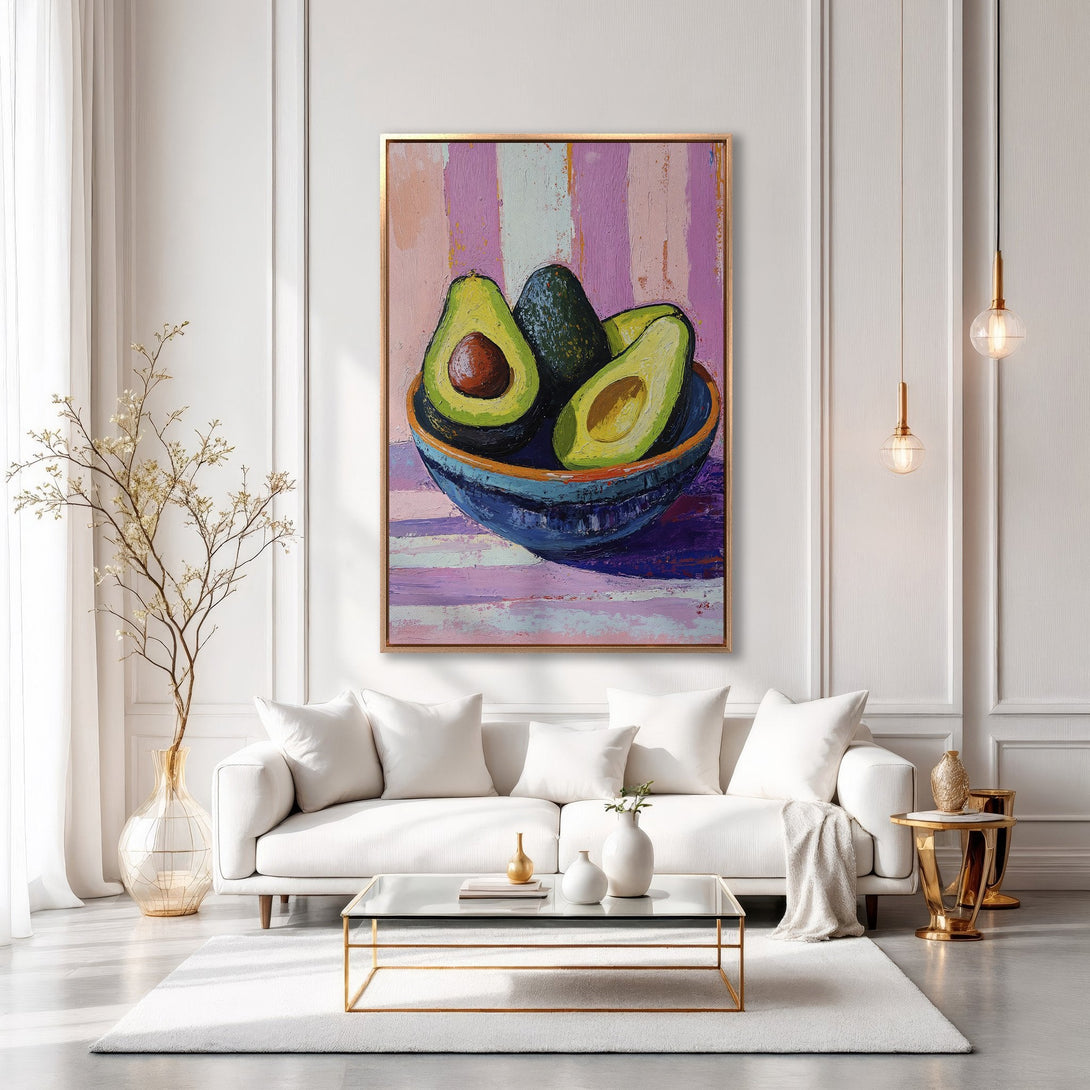 Framed Wall Art: Vibrant avocado still life painting in a modern living room. Featuring a colorful palette of pink, green, and blue. Elevate your space with art!