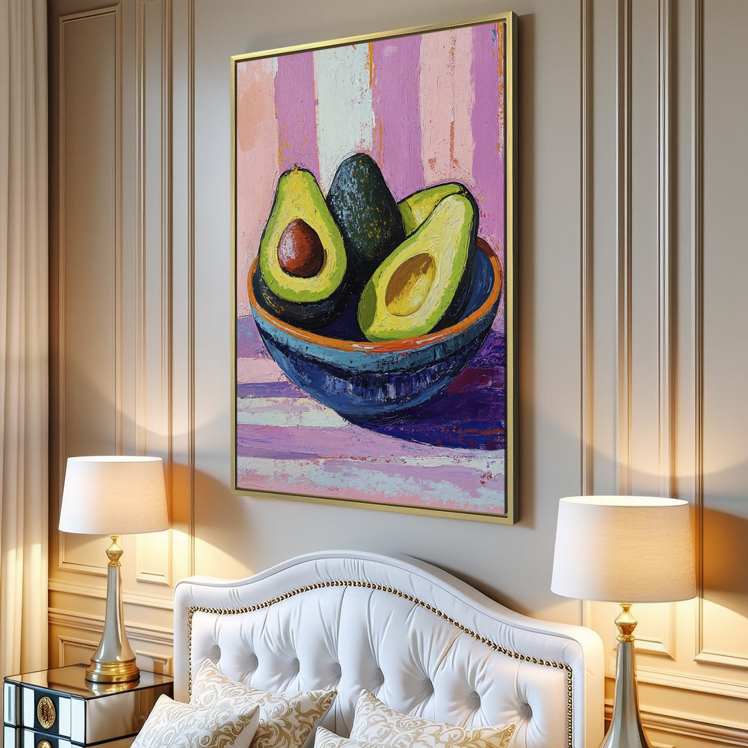 Canvas Print of avocados in a bowl, vibrant oil painting style. Features green, blue, and pink tones, perfect for kitchen or dining room decor.
