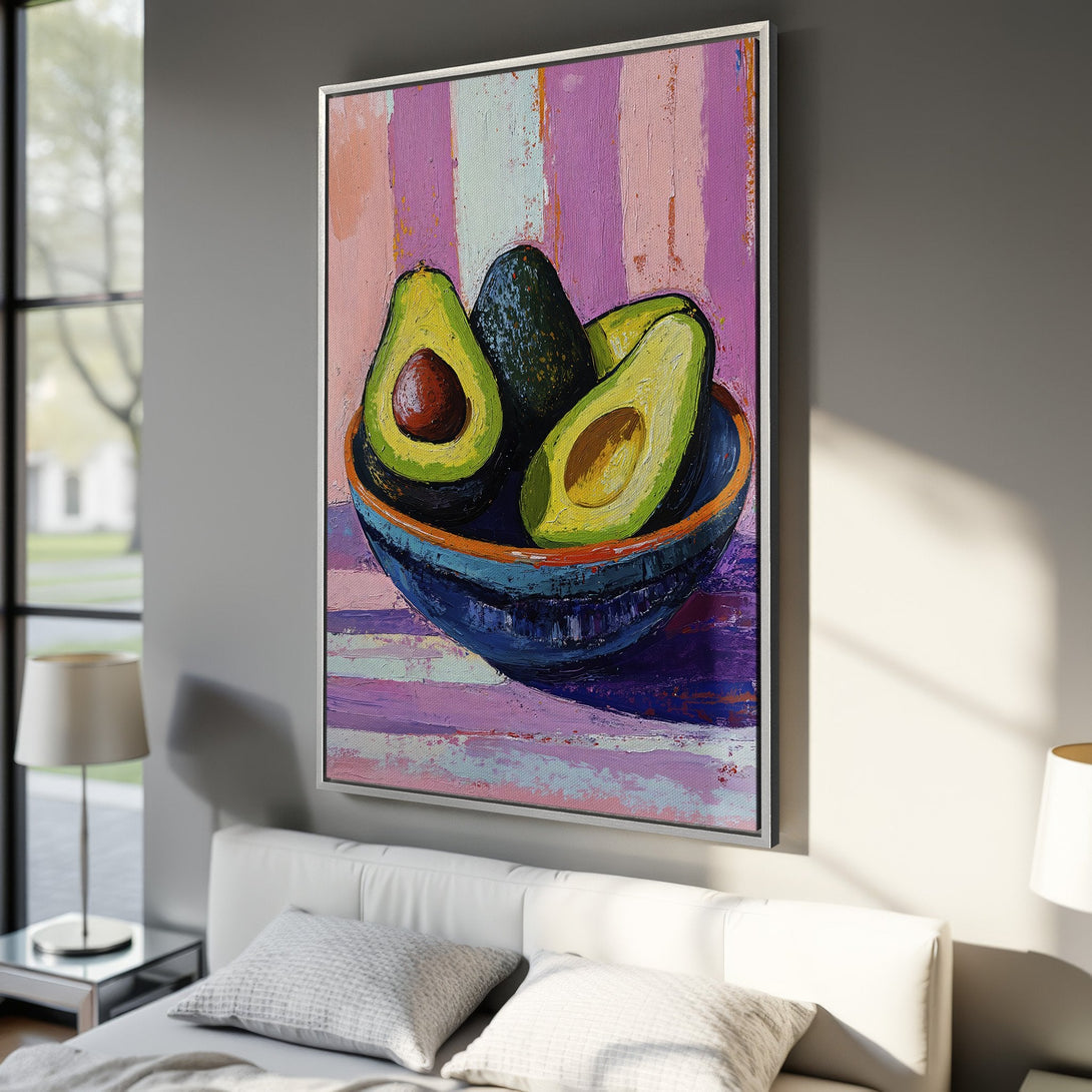 Framed Wall Art: Vibrant avocado oil painting with a colorful palette of pinks, purples, and greens. Perfect kitchen or dining room decor!