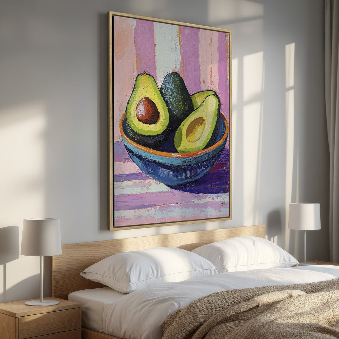 Framed Wall Art: Vibrant avocado still life painting in a bedroom. Modern, colorful art with pink, green, and blue hues. Elevate your space!