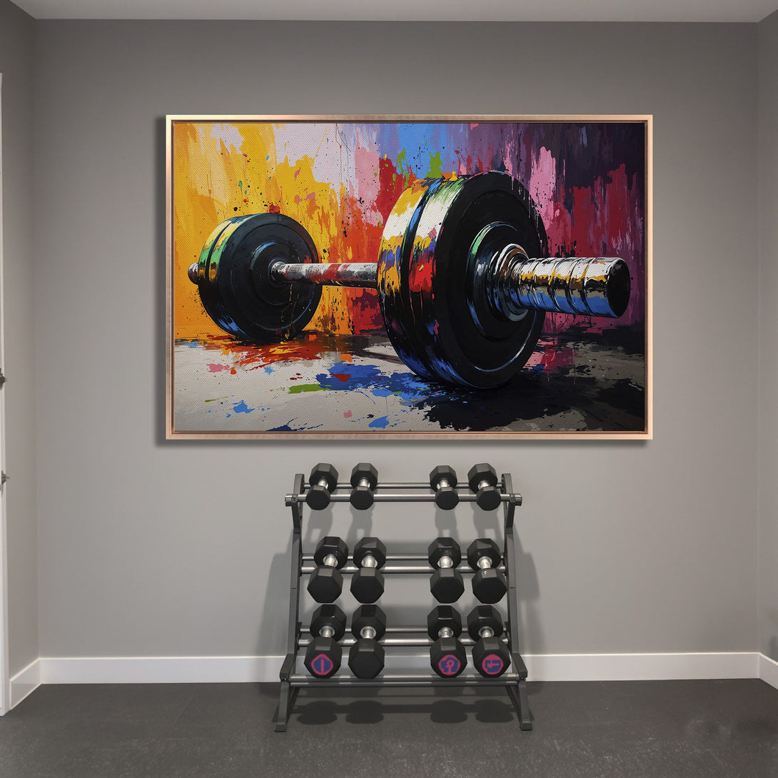 Framed Wall Art: Abstract dumbbell painting with vibrant, colorful splatters. Modern gym decor with a bold, energetic aesthetic.