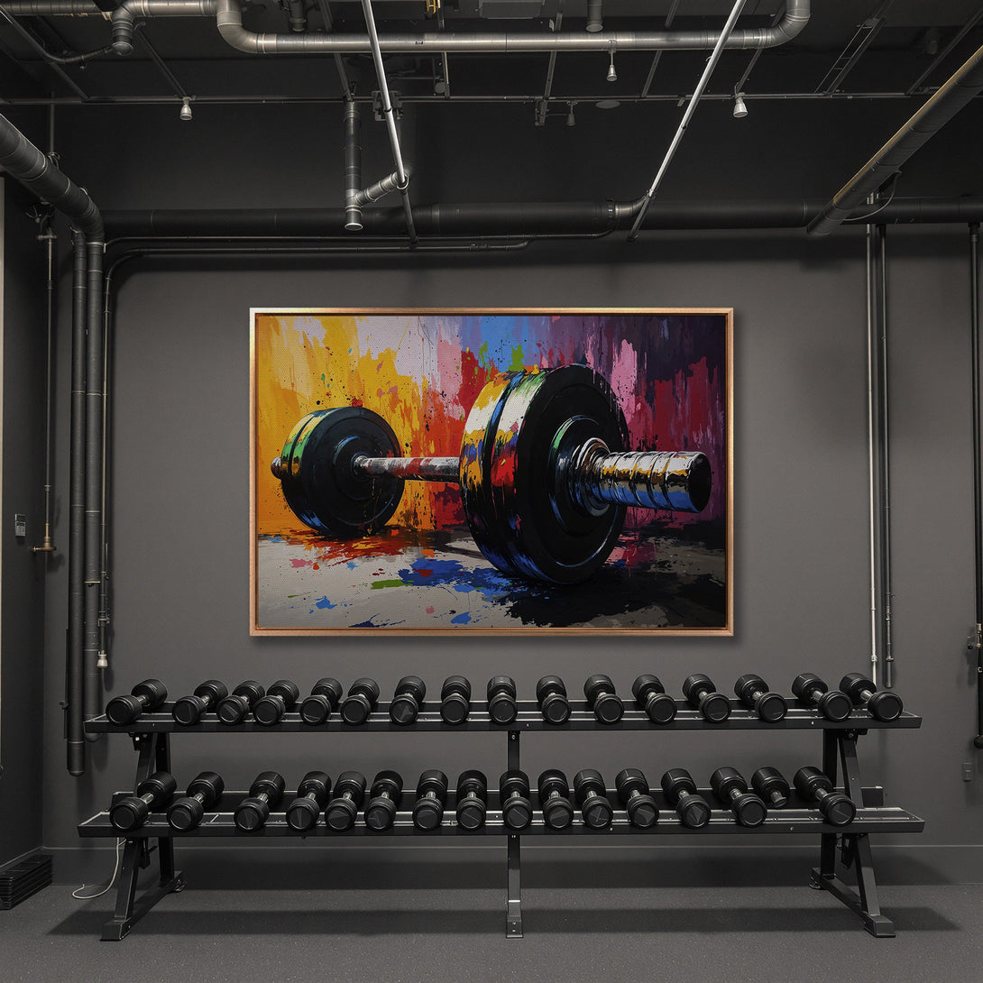 Framed Wall Art: Abstract barbell painting with vibrant colors. Modern gym decor in a stylish interior. Perfect for home or commercial fitness spaces.