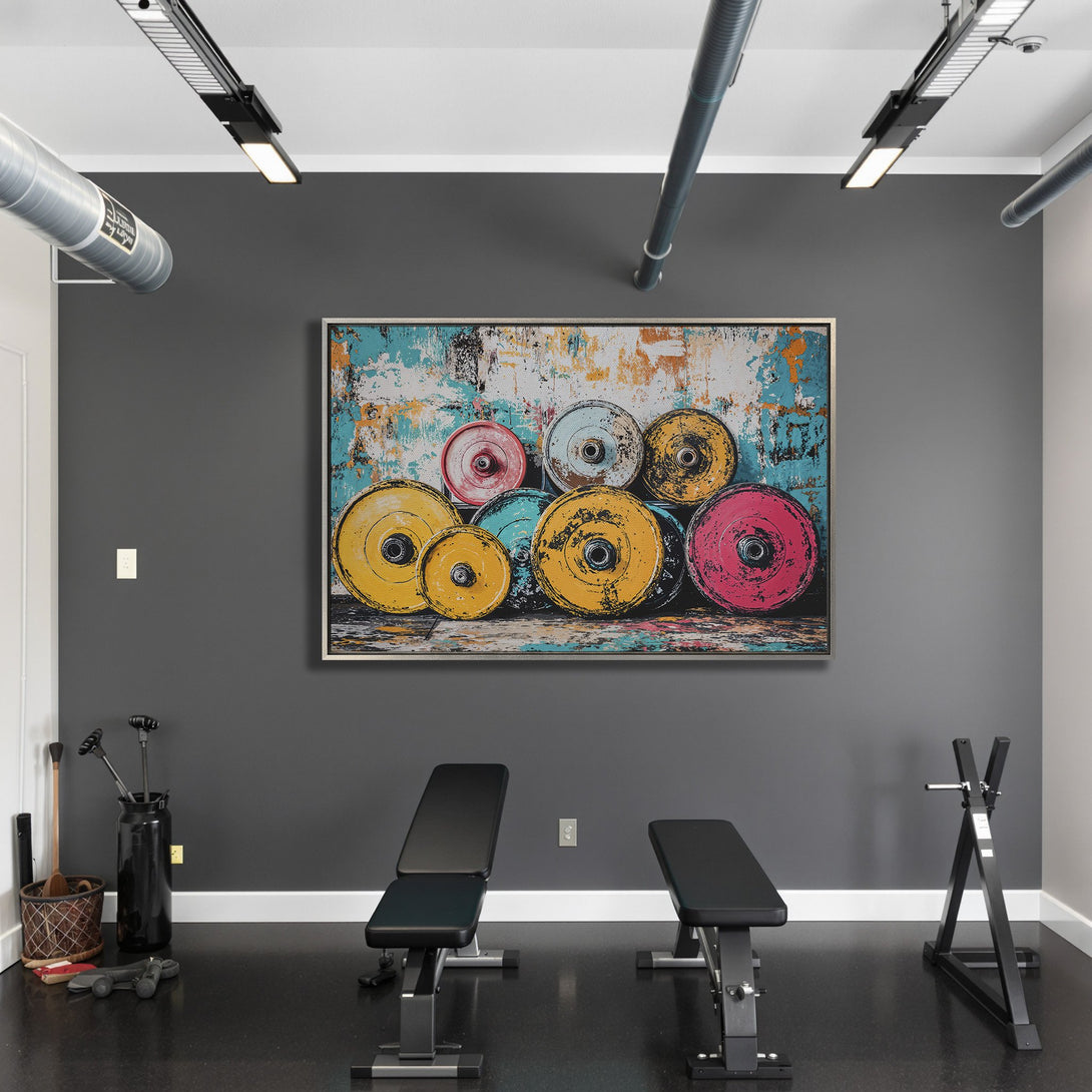 Framed Wall Art featuring colorful weights in an abstract style. Adds a pop of color to any space. Perfect for gym decor.