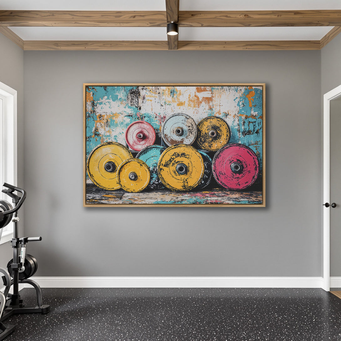 Framed Wall Art featuring colorful barbell weights. Abstract style with a vibrant, weathered color palette of yellows, blues, and reds. Perfect for a gym!