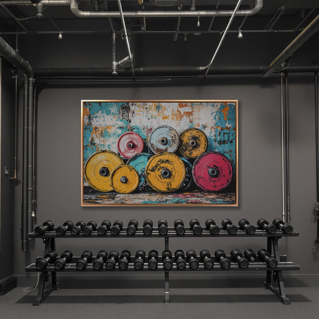 Framed Wall Art: Abstract weight plate art in a gym setting. Features a grunge style with a colorful palette of yellow, blue, and pink. Perfect for home gyms!