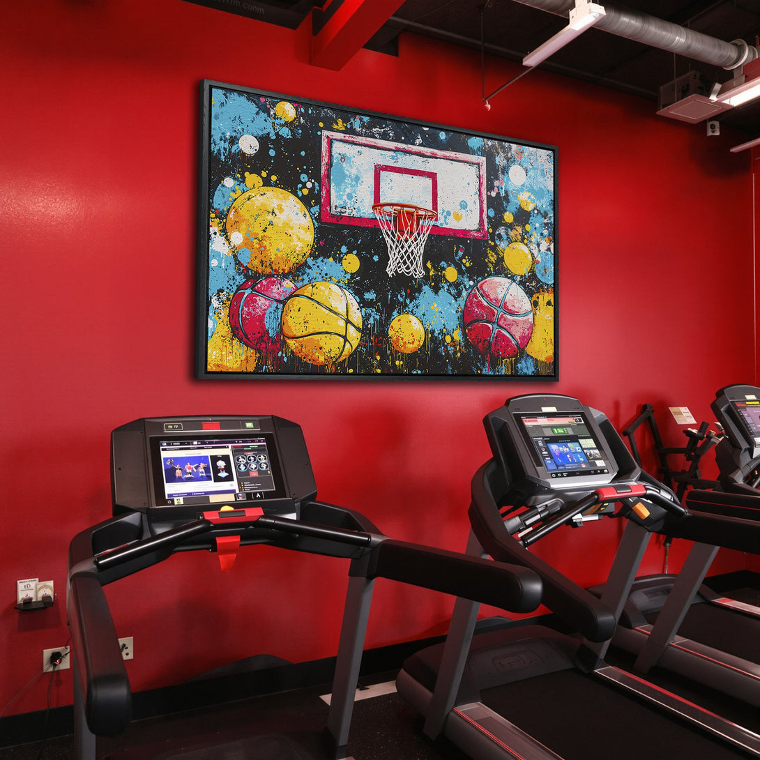 Framed Wall Art: Abstract basketball art in a gym. Vibrant colors of red, yellow, and blue. Perfect for sports fans and home decor.