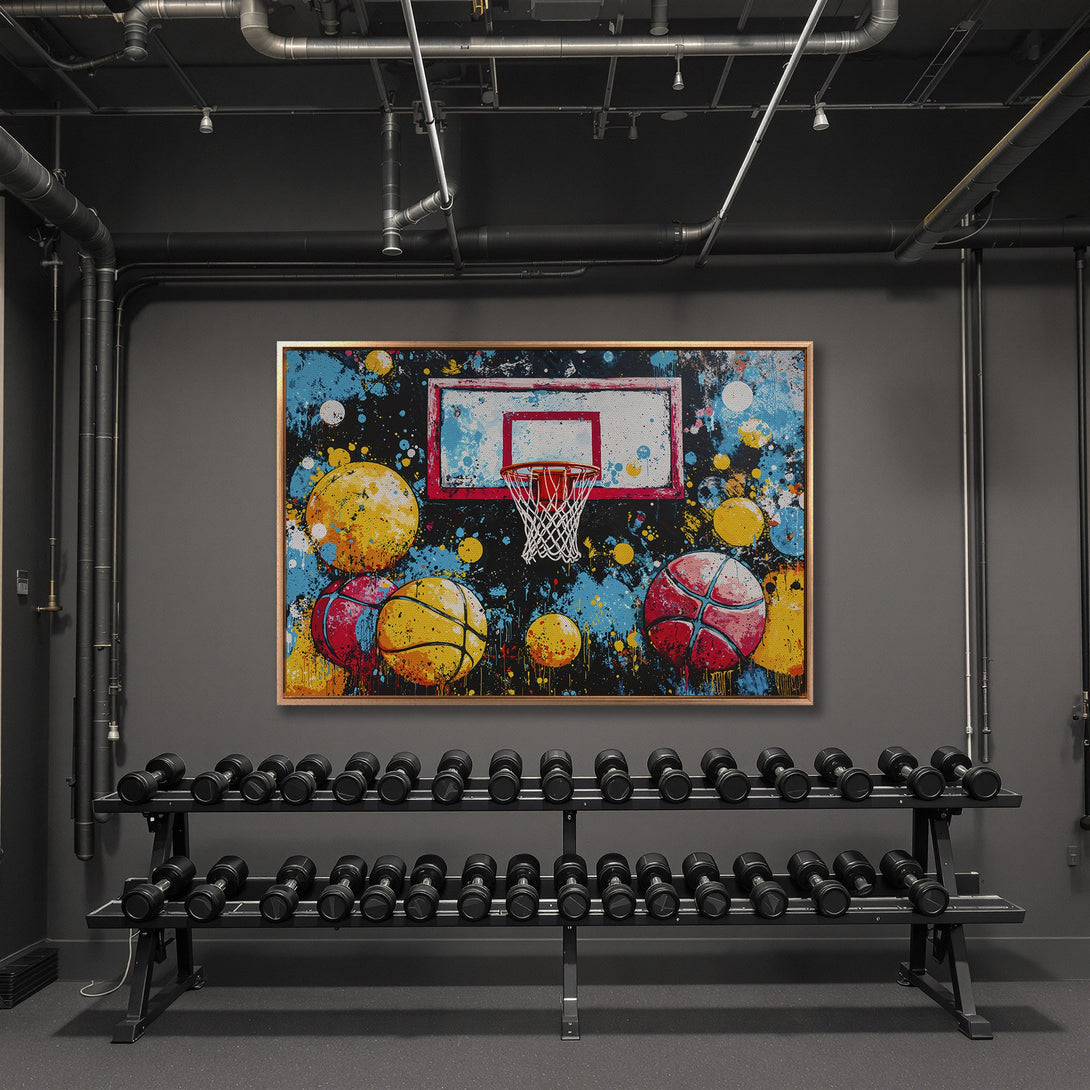 Framed Wall Art featuring a vibrant basketball-themed abstract design with bold yellow, blue, and red splashes. Perfect for adding a pop of color to any space!