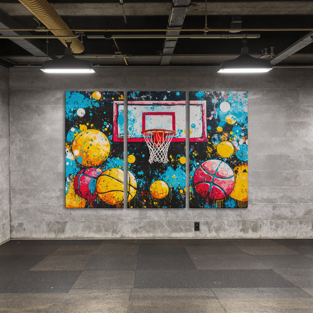 Abstract basketball Canvas Print with vibrant blue, yellow, and red splatter art. Modern sports wall decor for a bold statement.