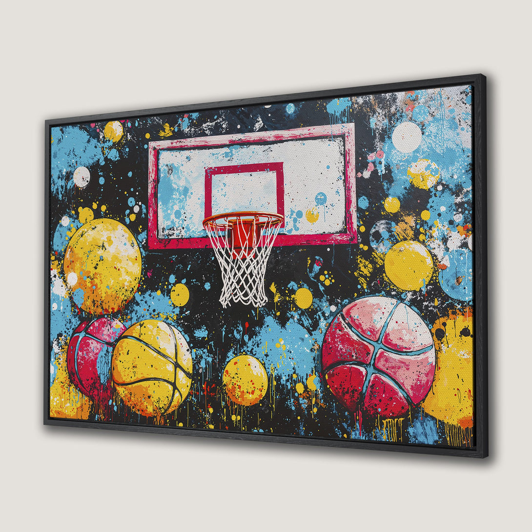 Framed Wall Art: Abstract basketball art with vibrant colors. Modern canvas print featuring basketball hoop and balls in a splash art style. Perfect for sports fans!