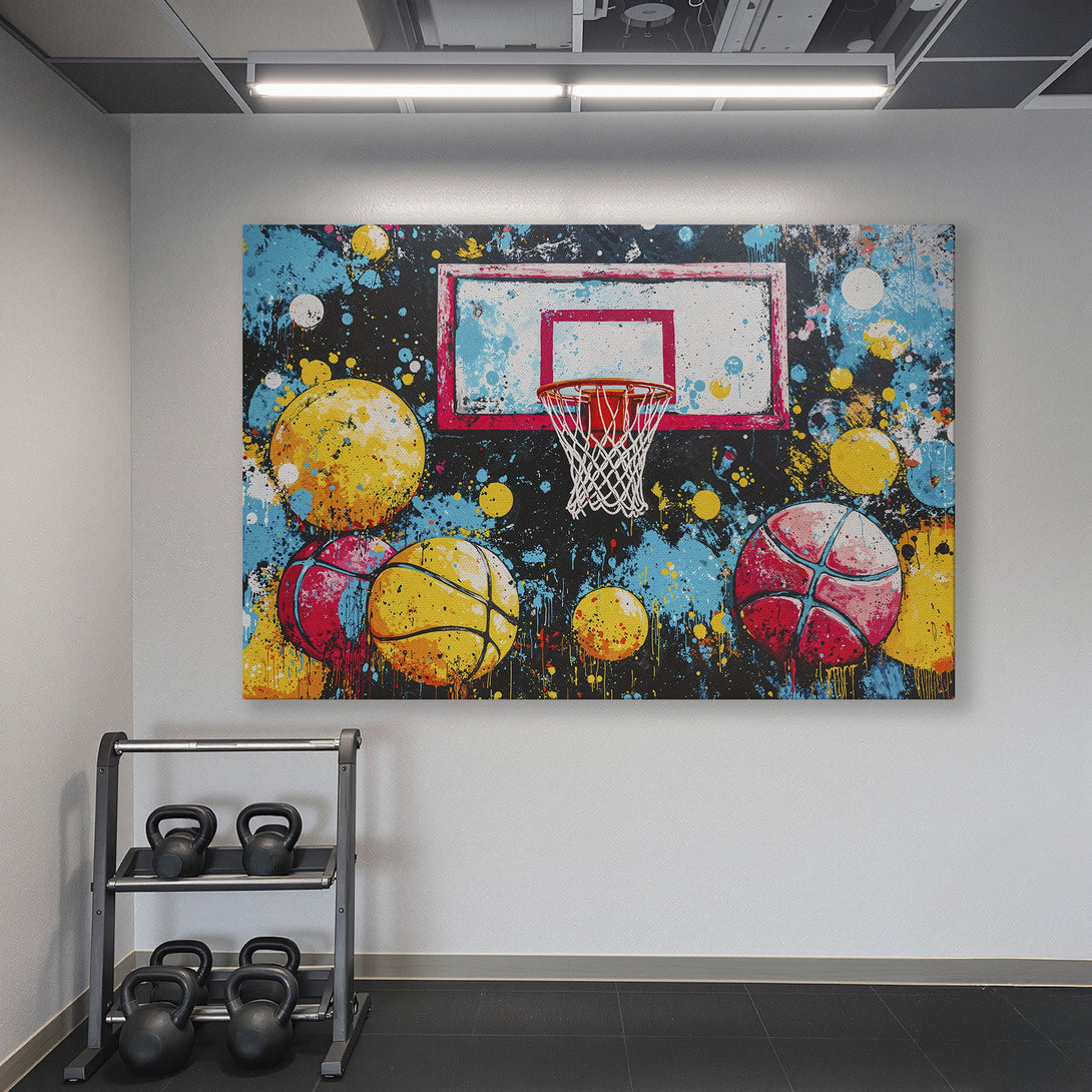 Framed Wall Art: Abstract basketball art with vibrant colors. Modern canvas print adds a pop of color to any space. Perfect for gym or home decor.
