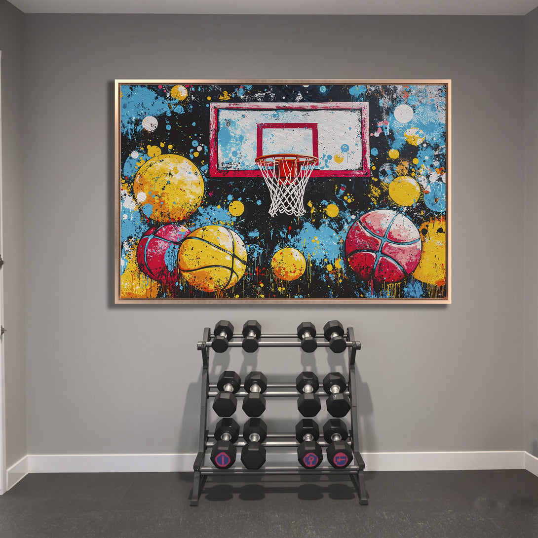 Framed Wall Art: Abstract basketball art with vibrant colors. Modern canvas print featuring a basketball hoop and balls in a colorful, sporty style.