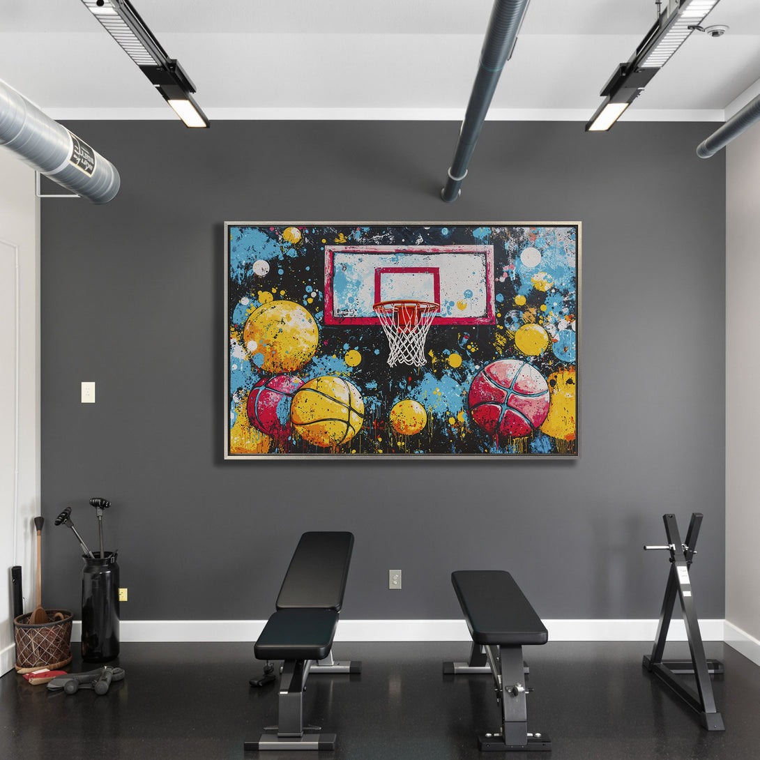 Framed Wall Art: Abstract basketball hoop and balls in a modern style. Vibrant colors of blue, yellow, and red pop against a dark background.