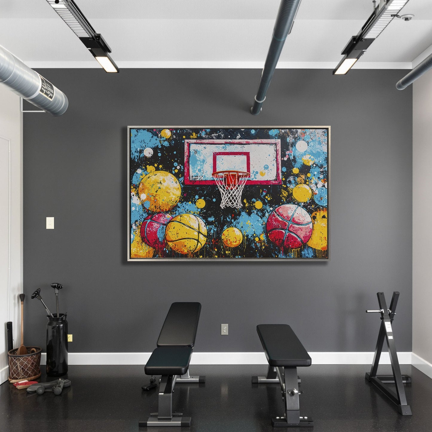 Colorful Basketball Hoop and Balls Canvas Print Wall Art