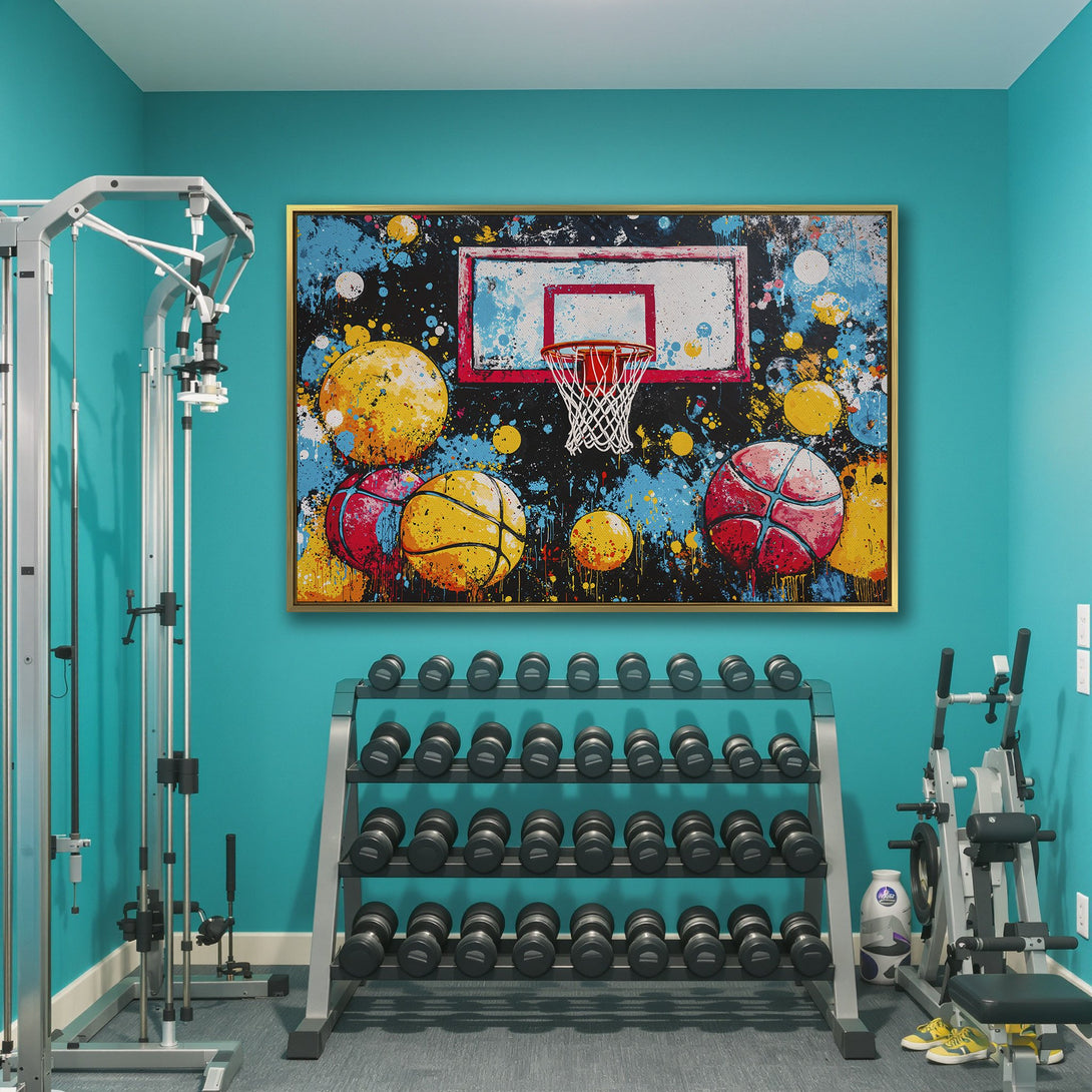 Canvas Print of a vibrant basketball art piece, featuring a colorful splatter paint style with a bold palette of blue, yellow, and red.