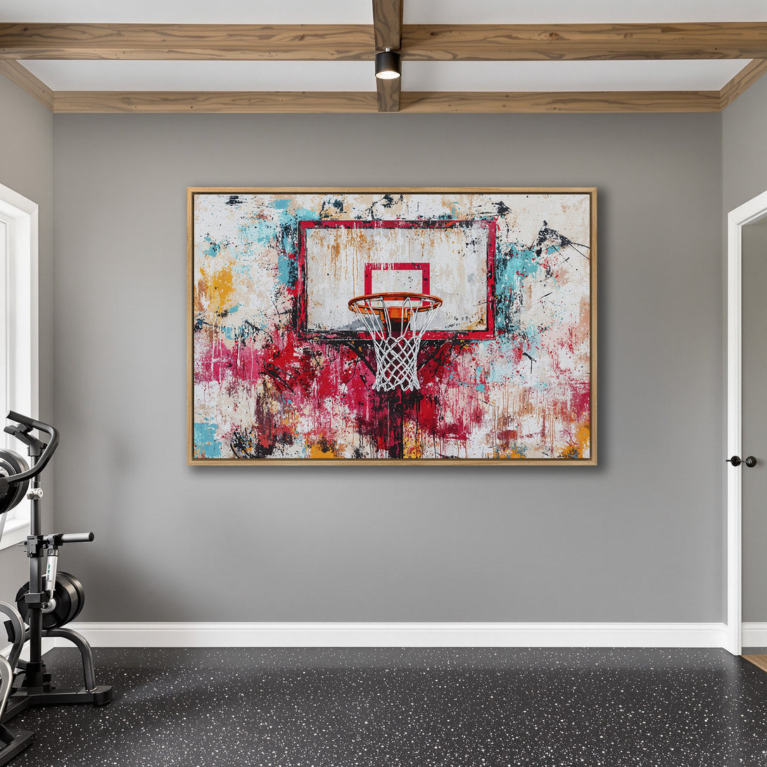 Framed Wall Art: Abstract basketball hoop art in a modern interior. Features a vibrant color palette of red, blue, and yellow. Elevate your space!