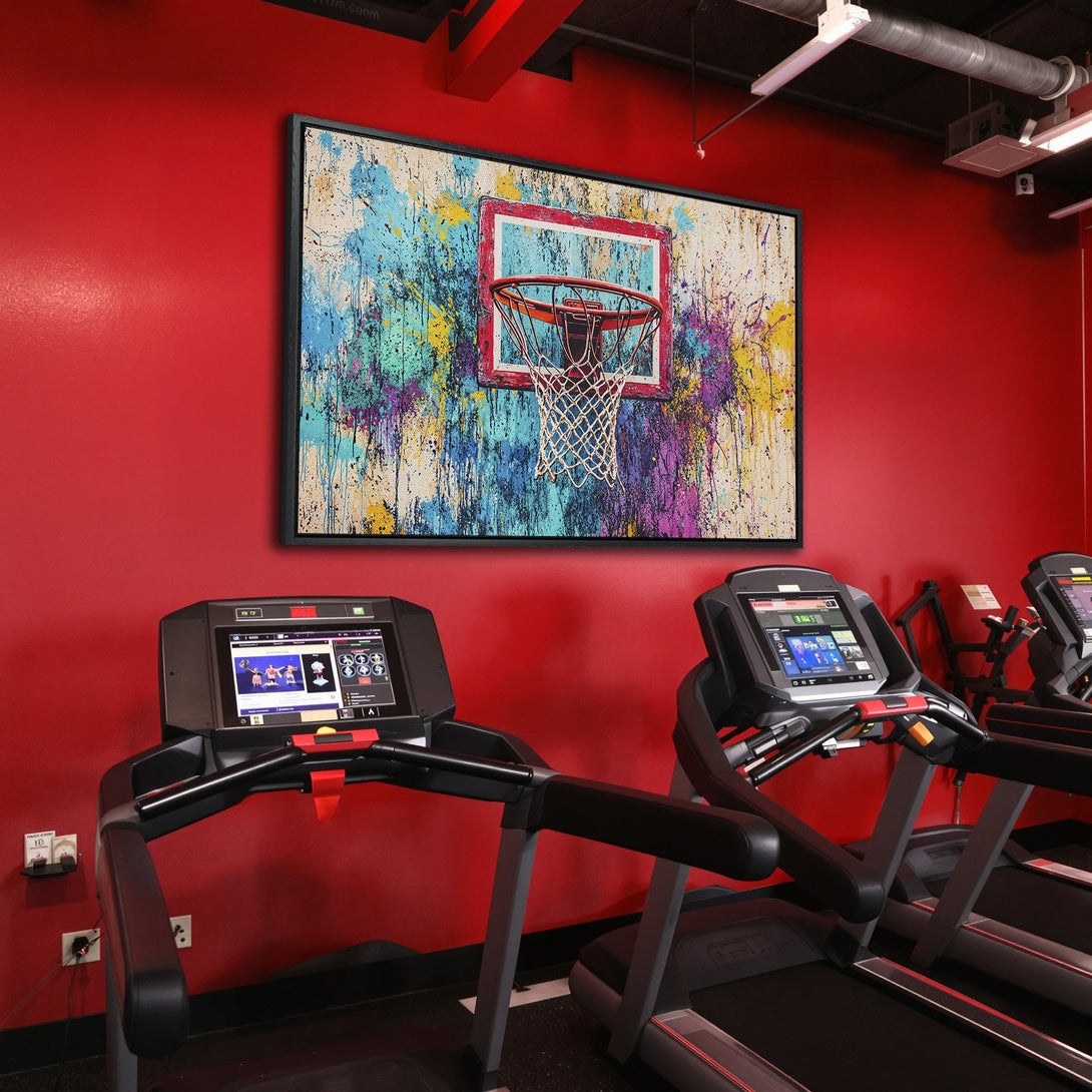 Framed Wall Art featuring a basketball hoop, abstract splatter art style, vibrant colorful palette. Perfect for gym decor!