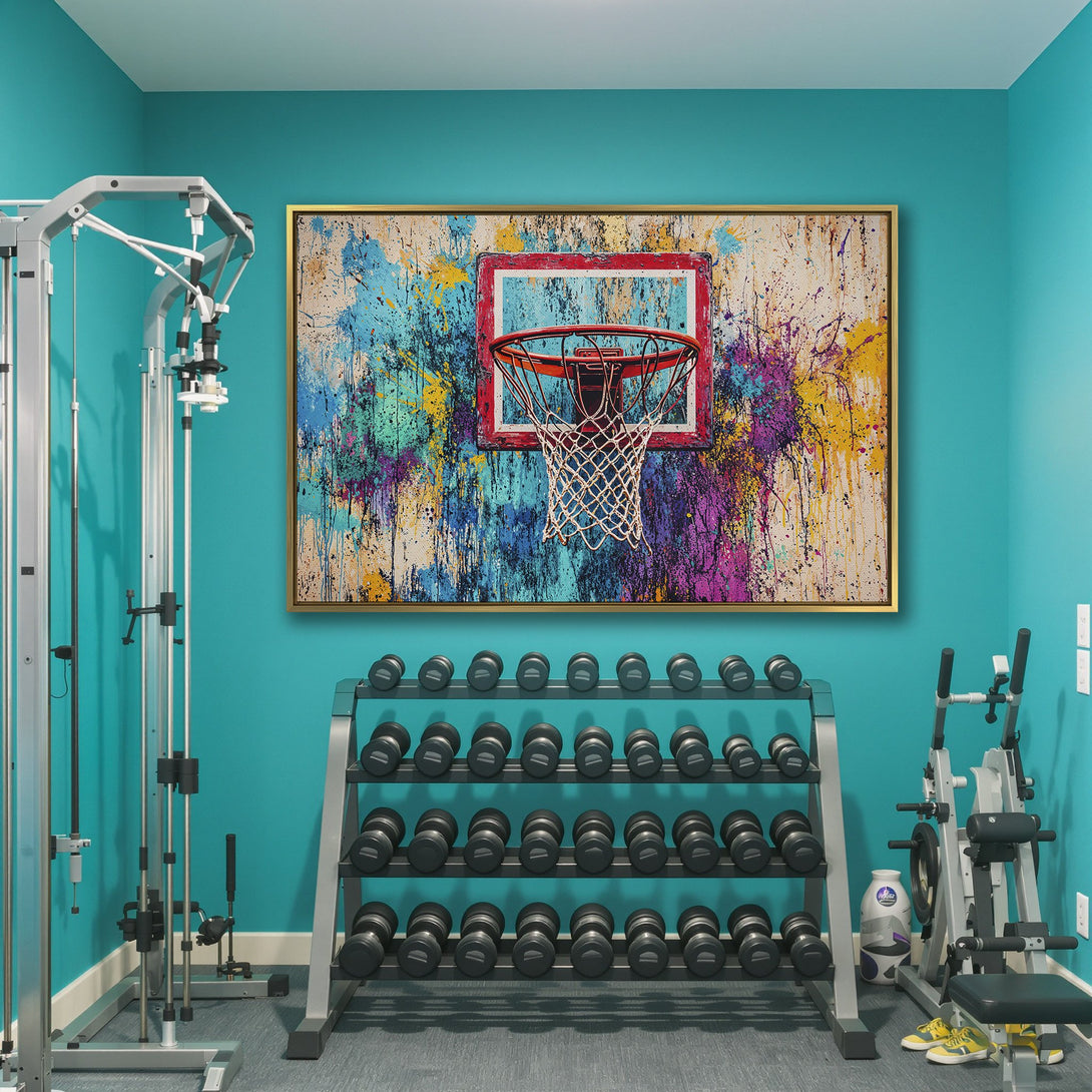 Canvas Print featuring a vibrant abstract basketball hoop artwork with a colorful splatter paint design. Perfect for modern decor.