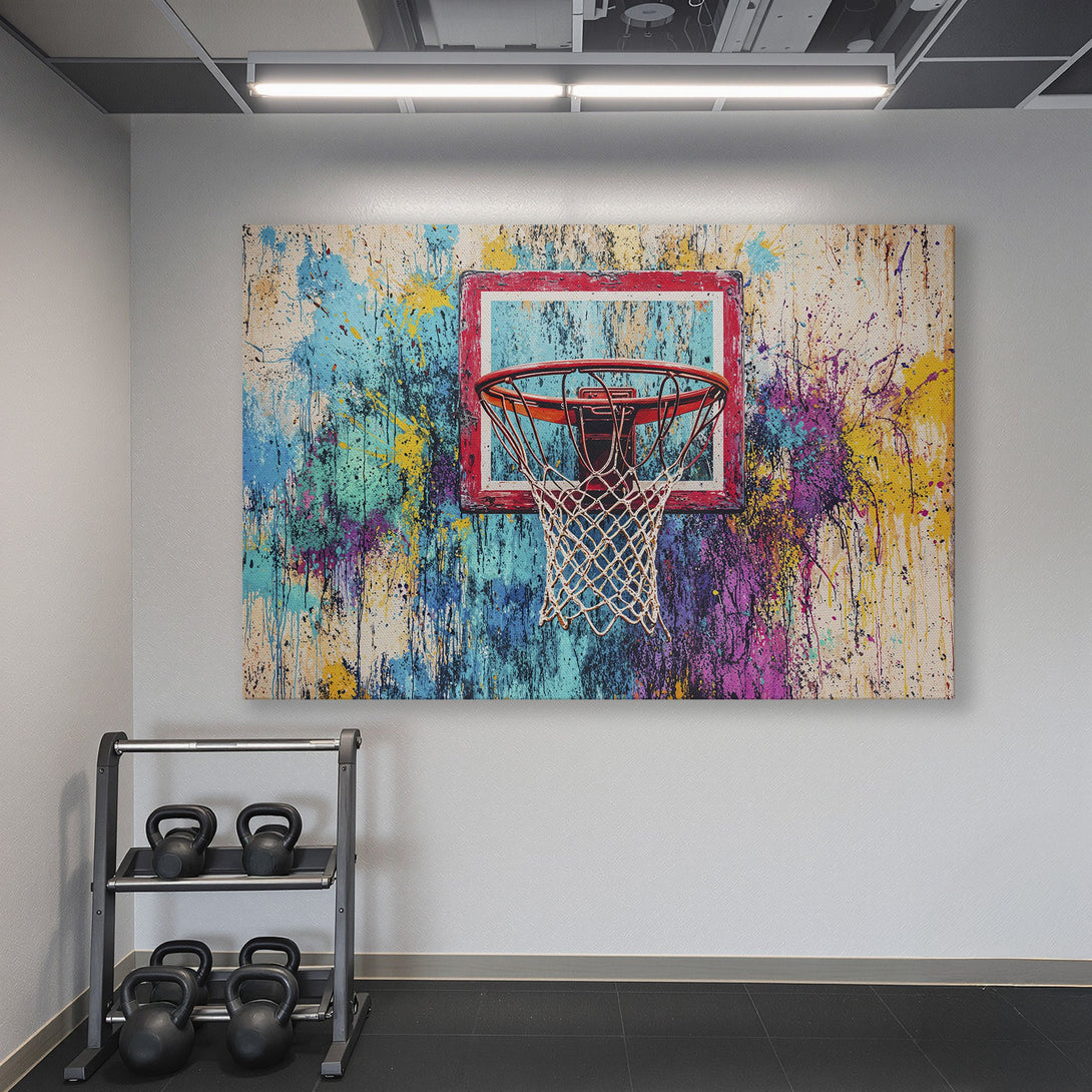 Framed Wall Art: Abstract basketball hoop art with vibrant colors. Modern decor for a gym or home. Colorful canvas print to elevate your space!