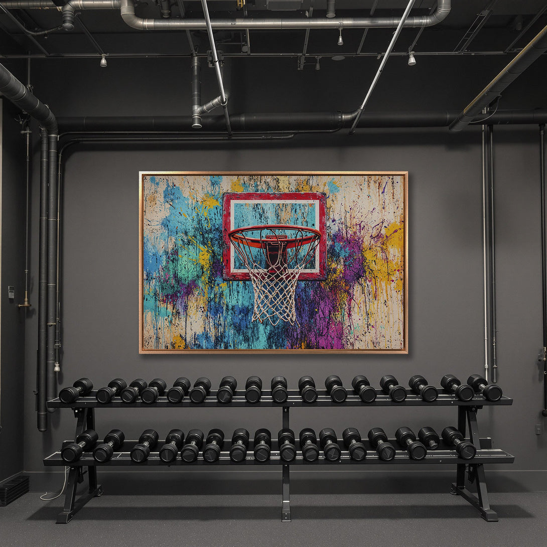 Framed Wall Art: Abstract basketball hoop art with a colorful splatter design. Adds a pop of color to any space. Perfect for gym or home decor.