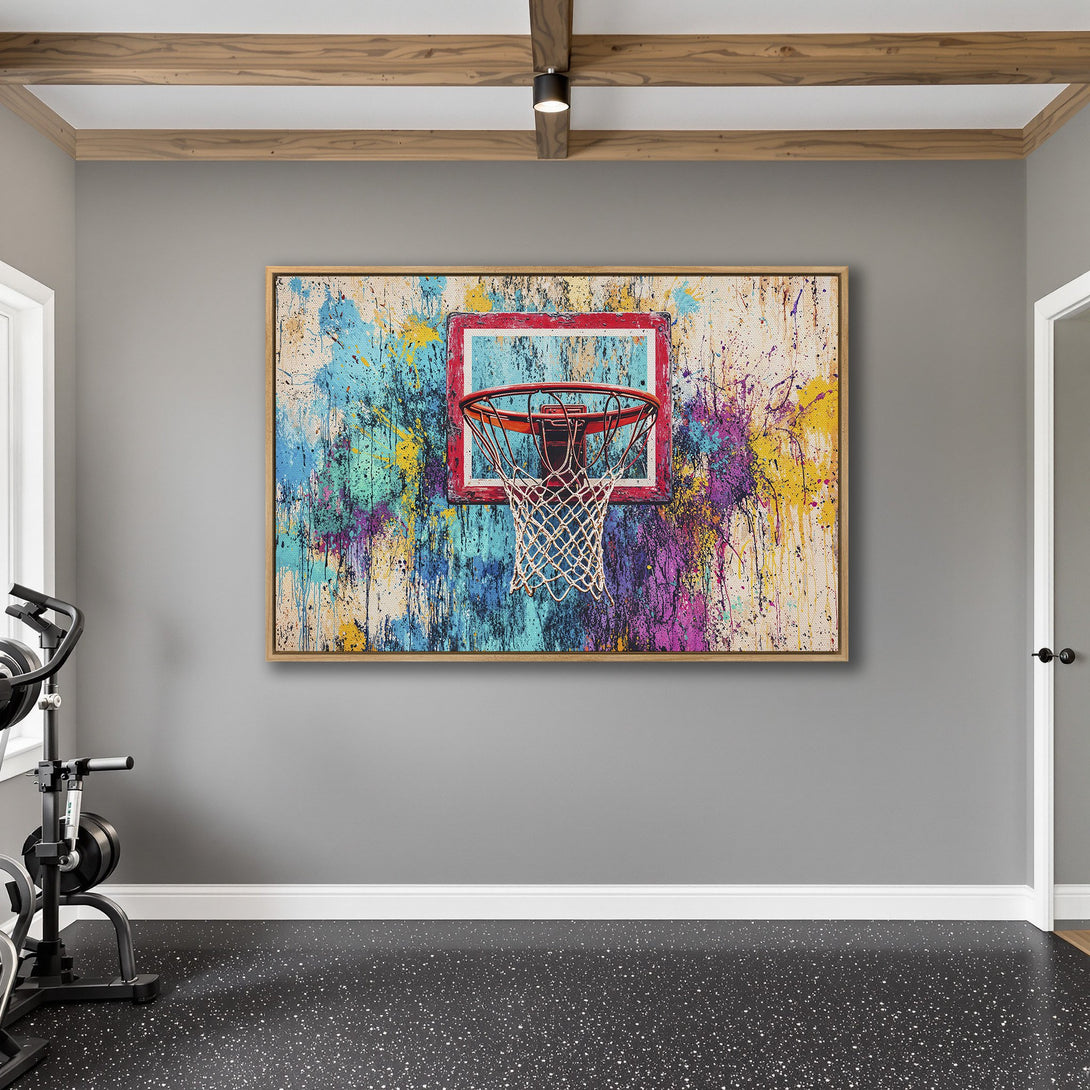 Framed Wall Art: Abstract basketball hoop art with a vibrant, colorful splatter paint design. Perfect for adding a pop of modern style to any space.