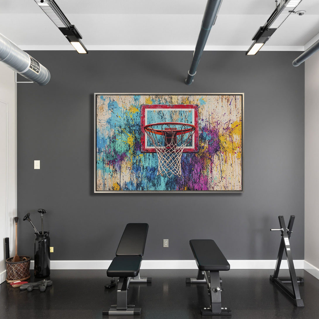 Framed Wall Art: Abstract basketball hoop art with a vibrant, colorful splatter design. Modern style canvas print perfect for a gym or sports-themed space.