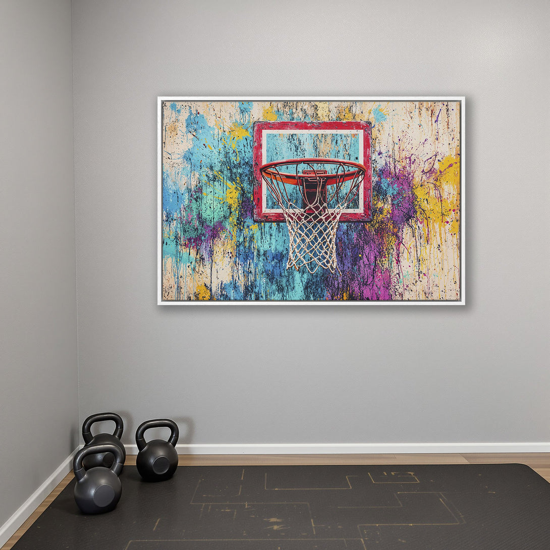 Framed Wall Art: Abstract basketball hoop art with vibrant splashes of color. Modern style, colorful palette, perfect for home gym or sports decor.