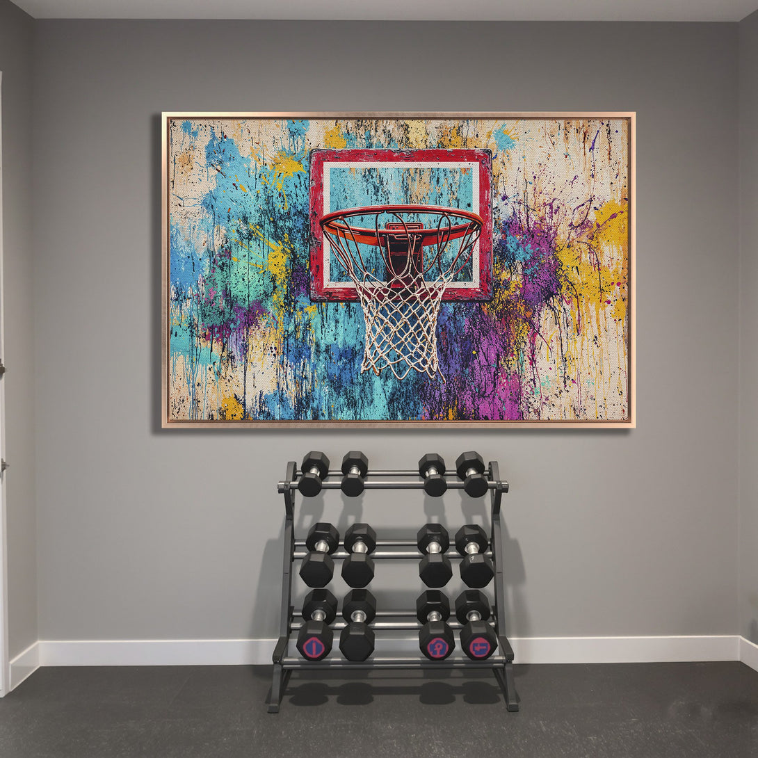 Framed Wall Art: Abstract basketball hoop art in vibrant blues, yellows, and purples. Modern decor for your home gym or sports-themed space.