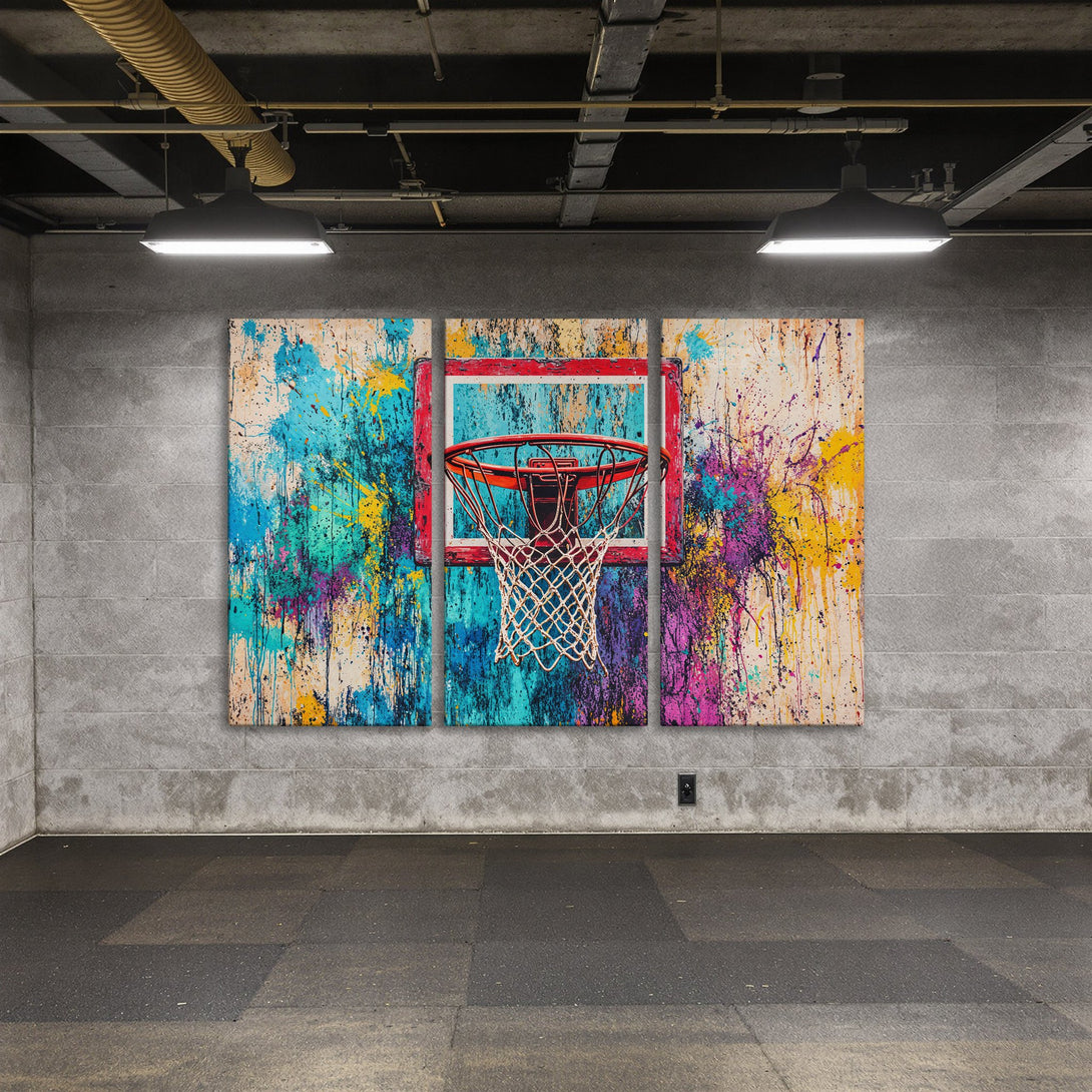 Abstract basketball Canvas Print in a modern interior. Features colorful paint splatter art with a vibrant blue, yellow, and purple palette.