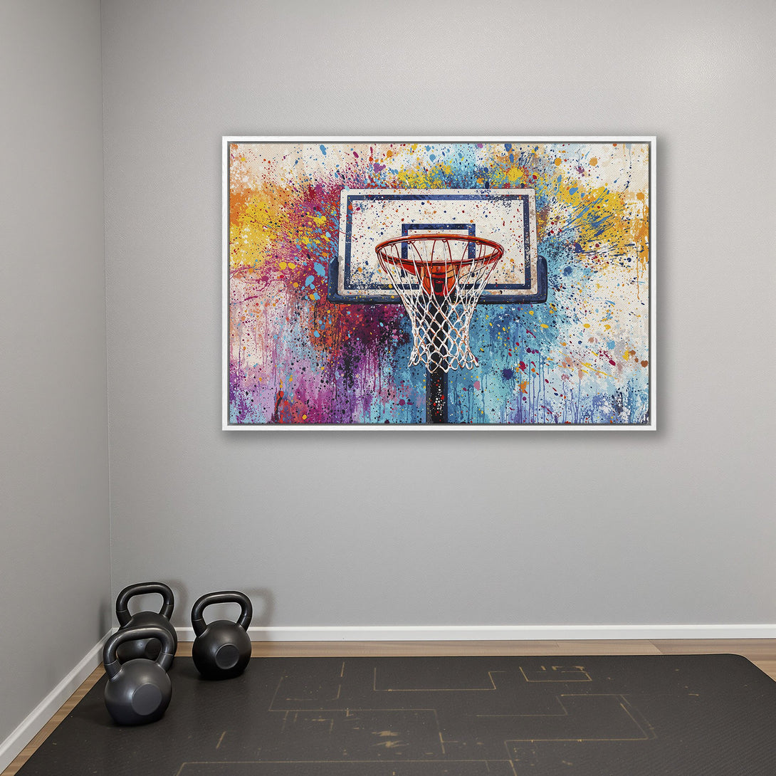 Framed Wall Art: Abstract basketball hoop art with vibrant splashes of color. Perfect for sports lovers! Modern, colorful canvas print for your home gym.