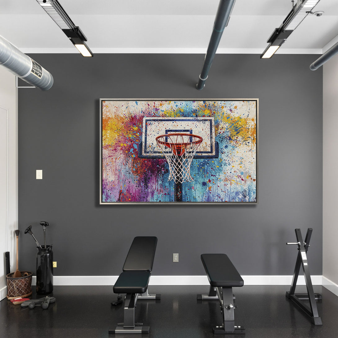Framed Wall Art: Abstract basketball hoop art with vibrant splashes of color. Modern canvas print adds a pop of personality to any space.